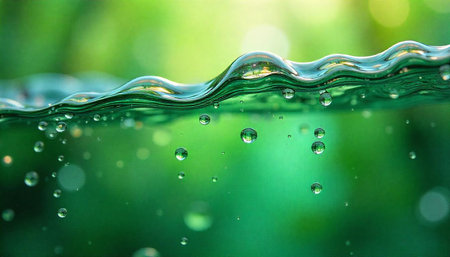 Water surface with droplets against a lush green background