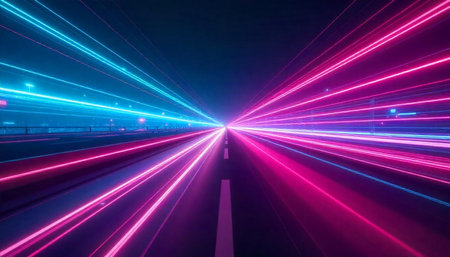 Neon lights streaks over a highway at night