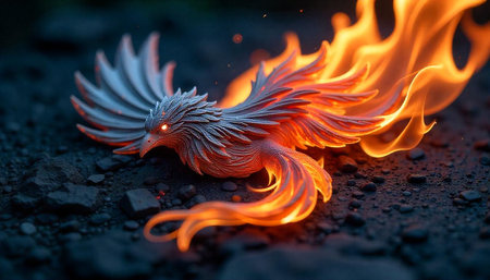 Fiery phoenix sculpture in stone dust with dramatic lightingの写真素材