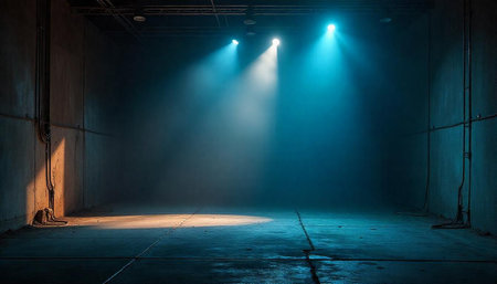 Abstract stage with light beams in grungy setting backdrop