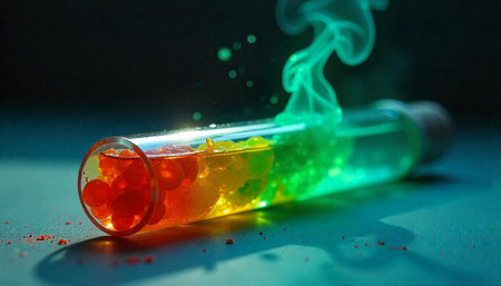 Colorful bubbling chemical reaction in a glass test tube