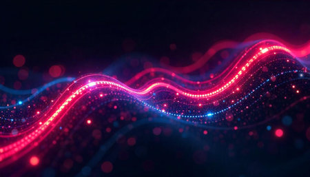 Abstract Neon Wavy Lines Background with Glowing Particles