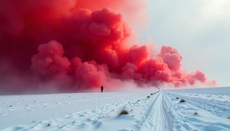 Lone figure observes vibrant red smoke over snowy landscape