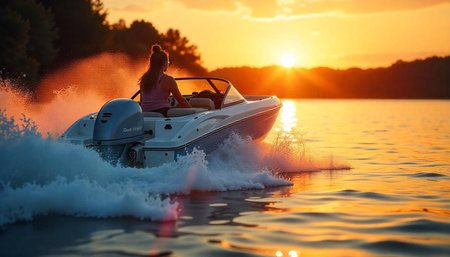 Woman driving boat across lake at colorful sunset light