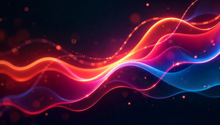 Abstract glowing waves illustration on dark backdrop, technology background