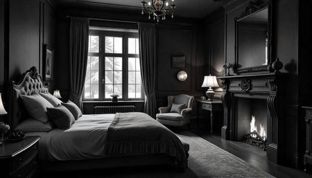 Elegant dark gray bedroom with fireplace and winter view