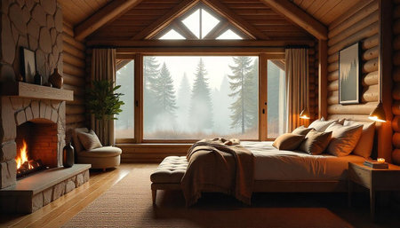 Cozy Cabin Bedroom Interior with Fireplace and Forest View