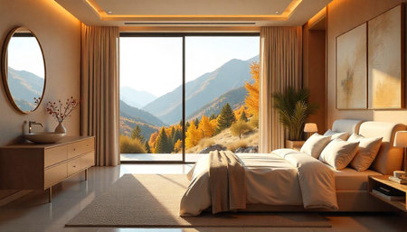 Modern bedroom with mountain view and autumn foliage
