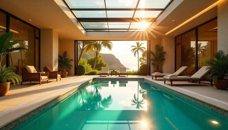 Luxury villa indoor pool with ocean view and sunset