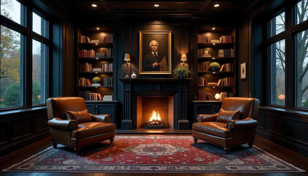 Elegant dark library with fireplace and portrait above