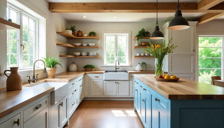 Sunlit kitchen with island and wooden accents designの写真素材