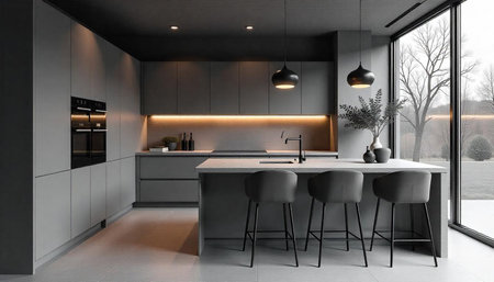 Modern gray kitchen interior with island and pendant lights