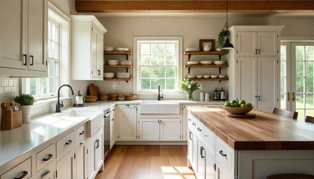Bright and spacious farmhouse kitchen with wooden countertops