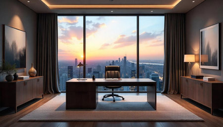Modern Office Interior Overlooking City at Sunset