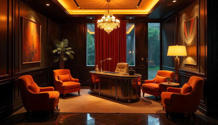 Opulent executive office interior with chandelier and orange armchairsの写真素材