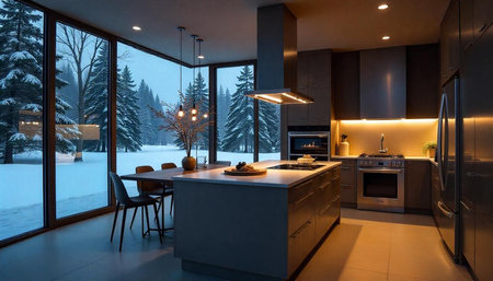 Modern kitchen interior with winter forest view from windowsの写真素材