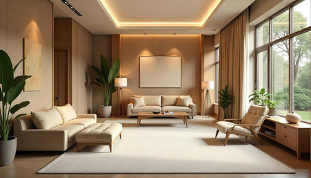 Modern living room interior with natural light and neutral tonesの写真素材