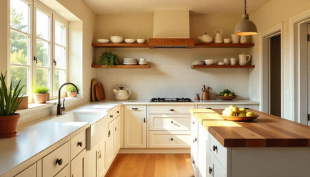 Bright kitchen interior design with island and wooden detailsの写真素材