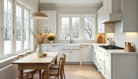 Cozy bright kitchen with dining table and winter viewの写真素材