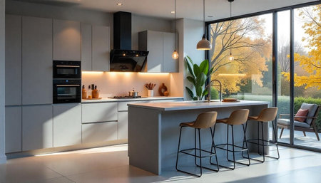 Modern kitchen interior design with island and autumn viewの写真素材