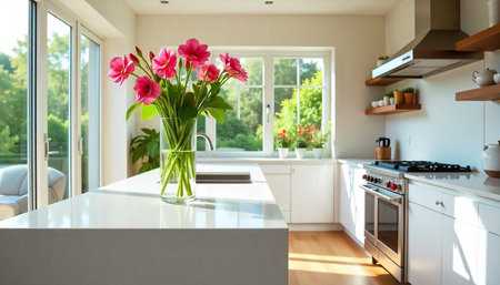 Bright modern kitchen with fresh flowers and natural lightの写真素材