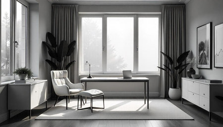 Elegant monochrome home office space with modern furniture