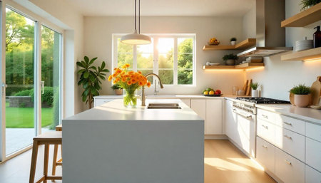 Bright modern kitchen interior with island and garden view