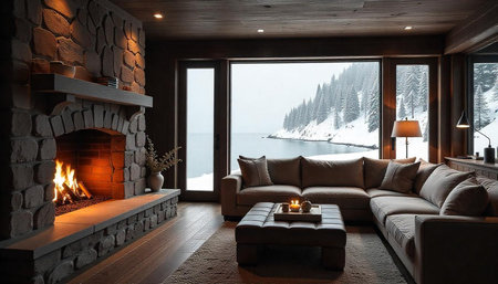Cozy living room interior with fireplace and winter viewの写真素材