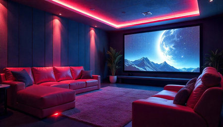 Modern home theater room with vibrant red and blue lightingの写真素材