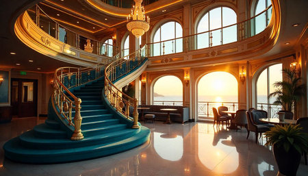 Grand hotel lobby with ocean view and elegant staircaseの写真素材