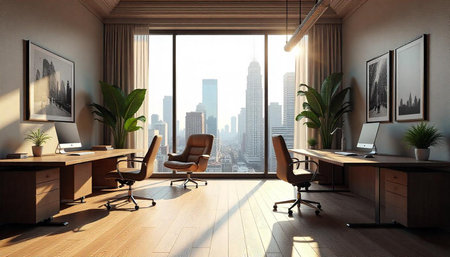 Executive office interior with cityscape view in neutral tonesの写真素材