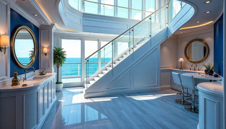 Luxurious ocean view home interior with elegant staircase designの写真素材