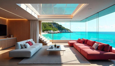 Modern living room with ocean view and coastal designの写真素材