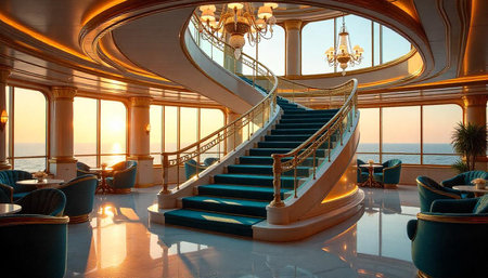 Elegant spiral staircase with ocean view and sunset lightの写真素材