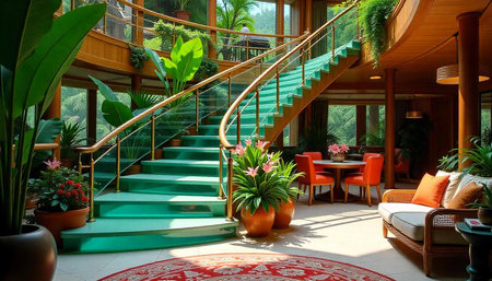 Tropical modern home interior featuring staircase and greeneryの写真素材