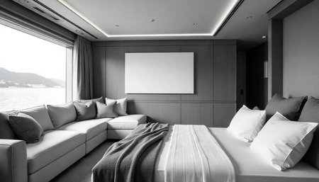 Contemporary gray interior bedroom on a luxurious motor yachtの写真素材