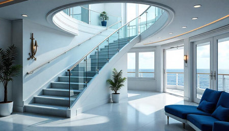 Bright interior of a luxury villa with ocean viewの写真素材