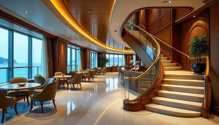Elegant cruise ship lounge interior with spiral staircase