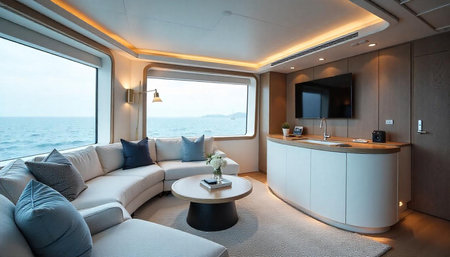 Luxury yacht interior with ocean view and contemporary designの写真素材