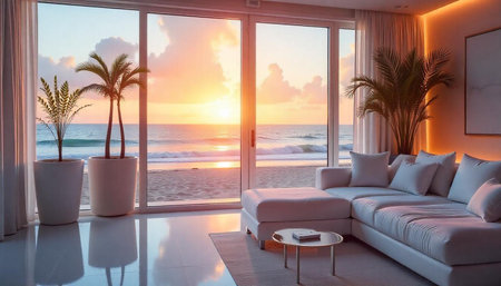 Luxury living room with ocean sunset view and palm treesの写真素材