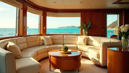Luxury yacht interior featuring ocean view and cream seatingの写真素材