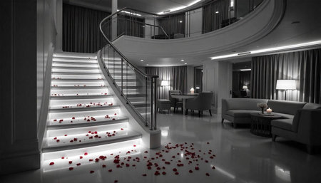 Elegant staircase and modern interior with rose petals scatteredの写真素材