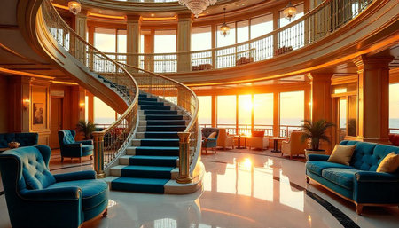 Luxury hotel lobby with staircase and sunset viewの写真素材