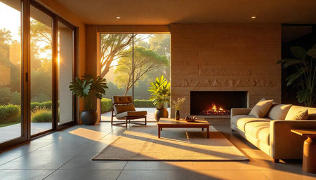 Sunlit modern living room interior with fireplace and garden view