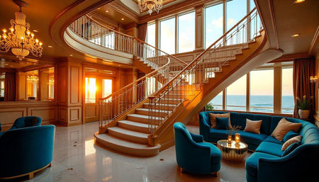 Luxurious ocean view mansion interior with grand staircaseの写真素材