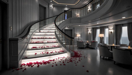 Elegant staircase adorned with red rose petals in luxury interiorの写真素材
