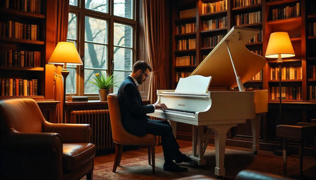 Man playing a white grand piano in luxurious libraryの写真素材