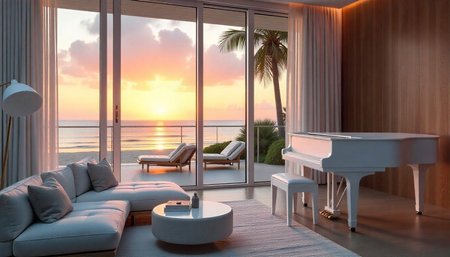 Luxury beachfront villa interior with ocean view at sunsetの写真素材
