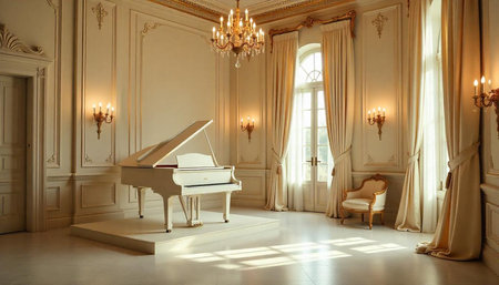 Elegant room with grand piano and chandelier lightingの写真素材