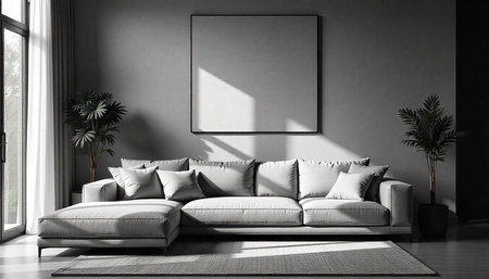 Modern living room showcasing gray sofa and minimalist decorの写真素材